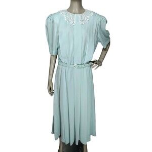 Vintage 80s Puff Sleeve Pearl Embellished Crochet Collar Romantic Midi Dress